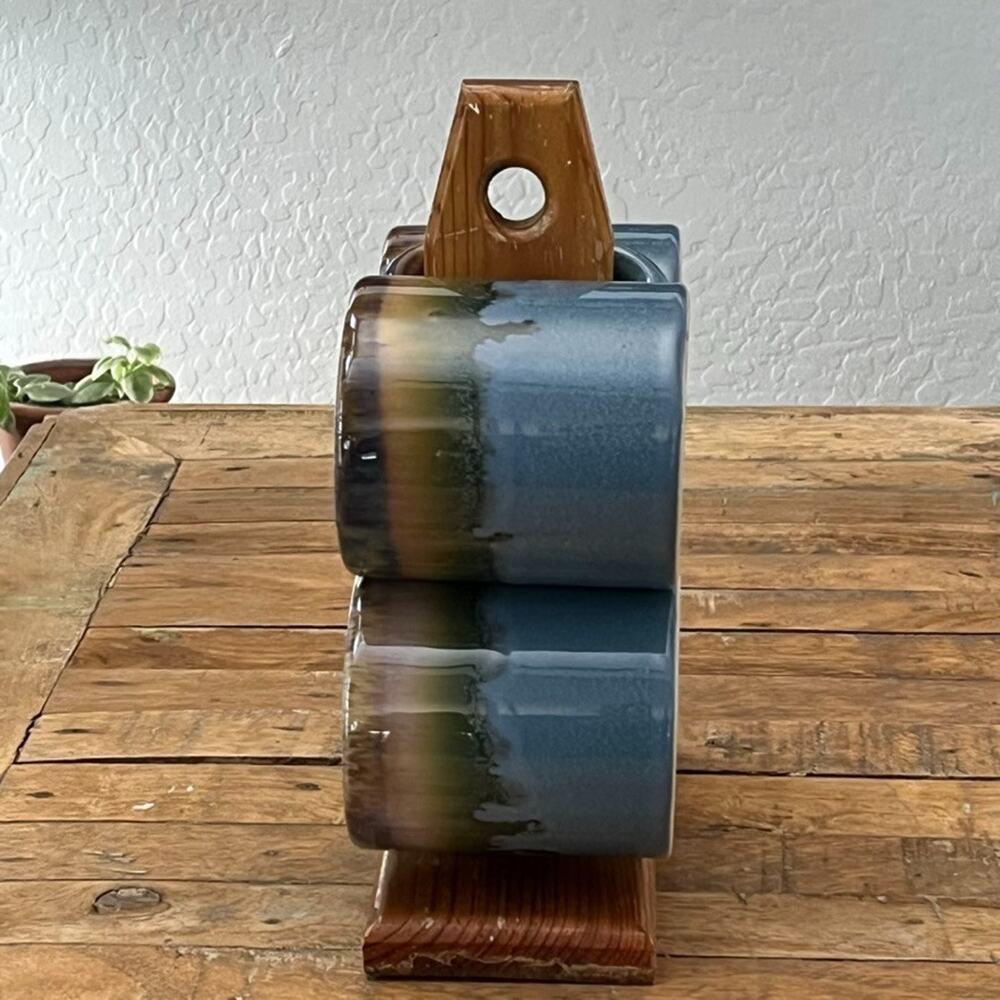 Rodolfo Padilla Drip Glazed Coffee Mugs With Wood Stand Signed Set of 4